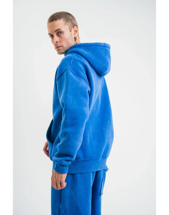 Unisex Double Oversize Kapşonlu Yıkamalı SweatShirt - Mavi