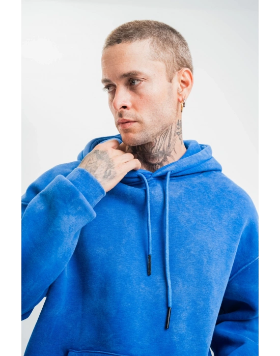 Unisex Double Oversize Kapşonlu Yıkamalı SweatShirt - Mavi