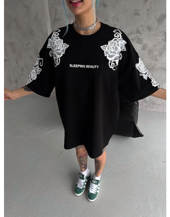 Unisex Flok Kabartma Baskılı T-Shirt - Siyah