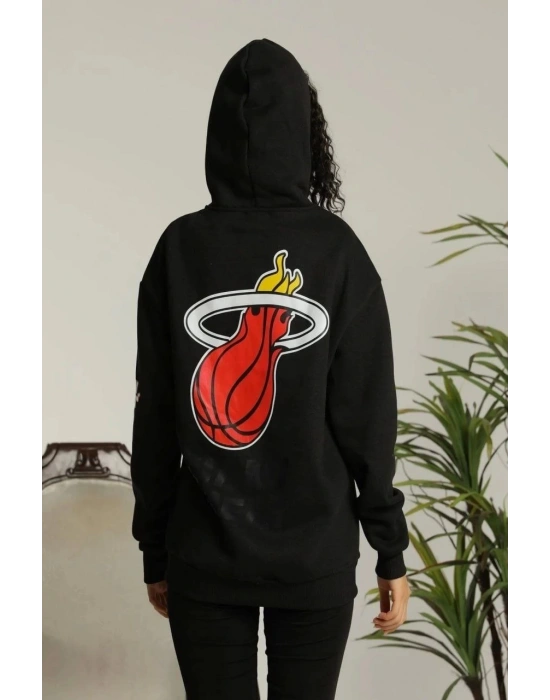 Unisex Kapşonlu Baskılı Sweetshirt - Siyah