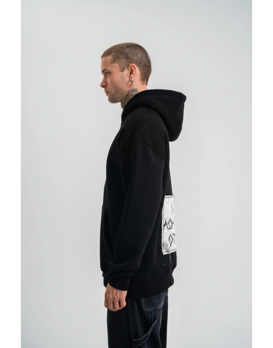 Unisex Kapşonlu Uzun Kol Patchli Nakışlı SweatShirt - Siyah