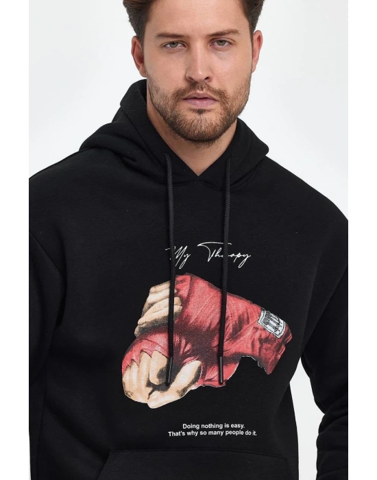 Unisex Kapüşonlu Üç İplik Oversize Baskılı Sweatshirt - Siyah