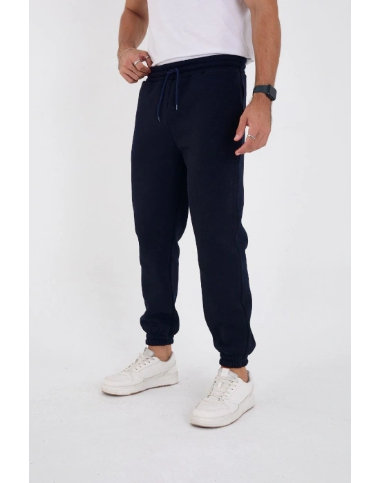 Unisex Kışlık Üç İplik Lastikli Eşofman Pantolon - Lacivert