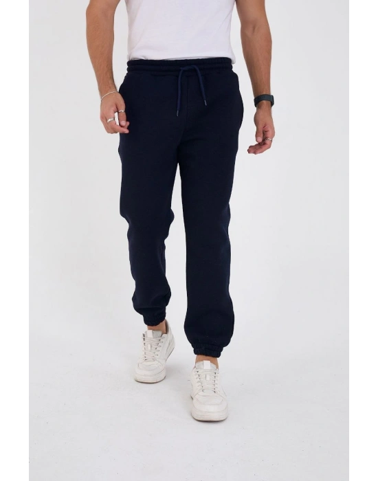 Unisex Kışlık Üç İplik Lastikli Eşofman Pantolon - Lacivert