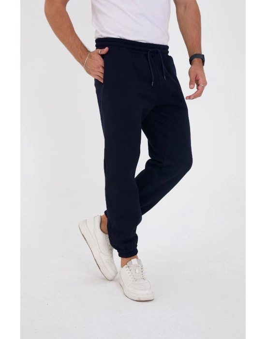 Unisex Kışlık Üç İplik Lastikli Eşofman Pantolon - Lacivert