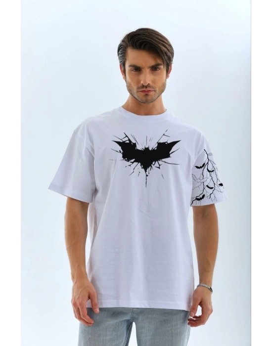 Unisex Ön ve Kol Baskılı Oversize T-shirt - Beyaz