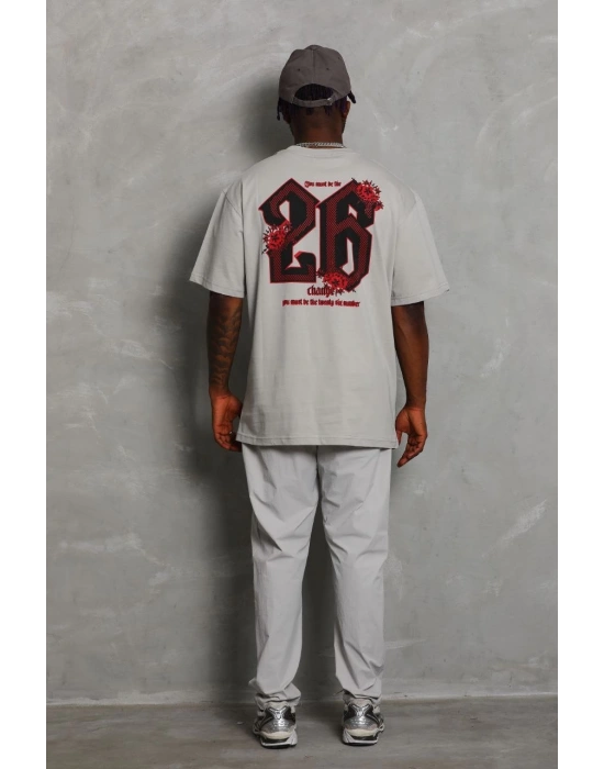 Unisex Oversize Baskılı Bisiklet Yaka T-Shirt - Gri