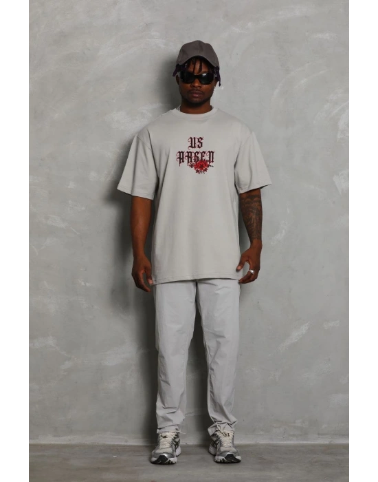 Unisex Oversize Baskılı Bisiklet Yaka T-Shirt - Gri