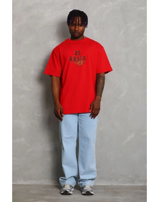 Unisex Oversize Baskılı Bisiklet Yaka T-Shirt - Kırmızı