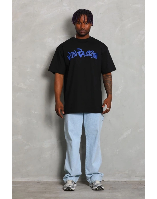 Unisex Oversize Baskılı Bisiklet Yaka T-Shirt - Siyah