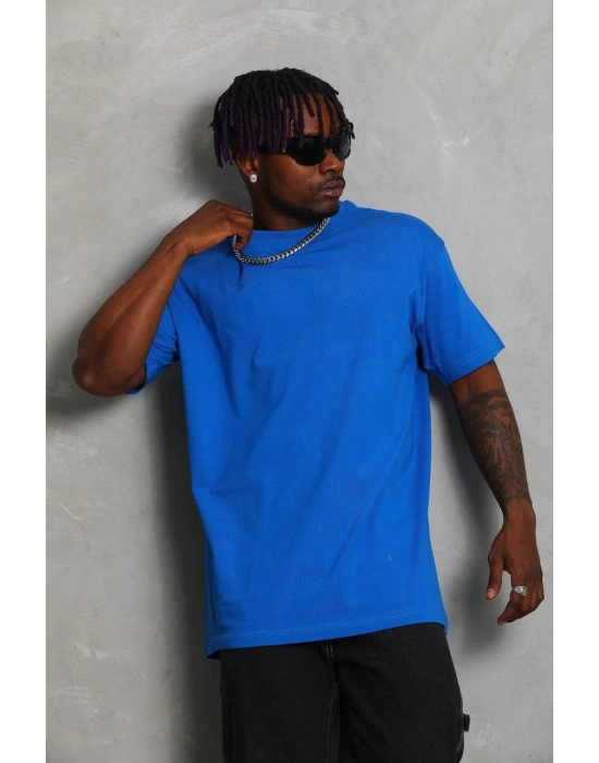 Unisex Oversize Düz Bisiklet Yaka T-Shirt - Mavi