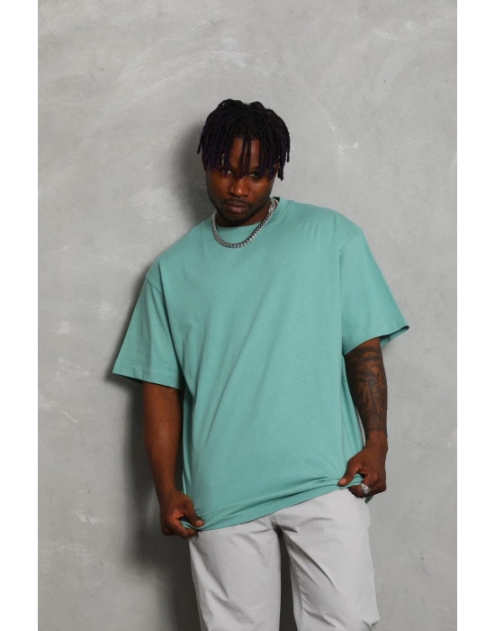 Unisex Oversize Düz Bisiklet Yaka T-Shirt - Mint Yeşili