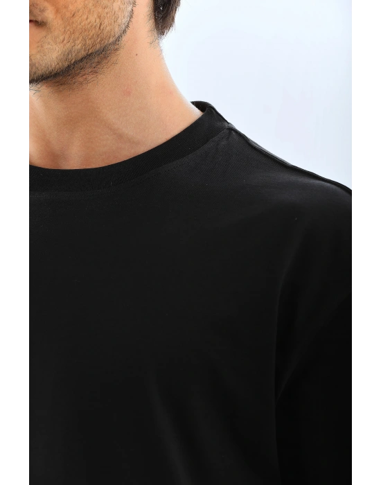 Unisex Oversize Düz Bisiklet Yaka T-Shirt - Siyah