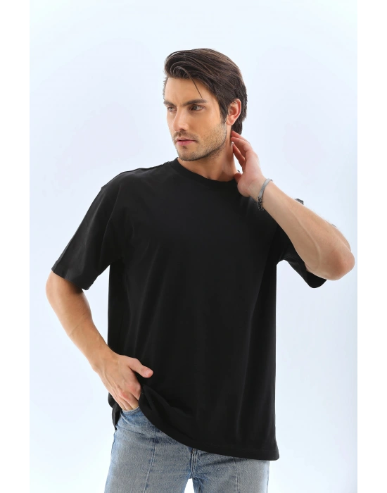 Unisex Oversize Düz Bisiklet Yaka T-Shirt - Siyah
