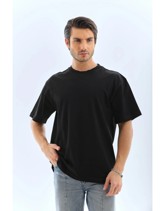 Unisex Oversize Düz Bisiklet Yaka T-Shirt - Siyah