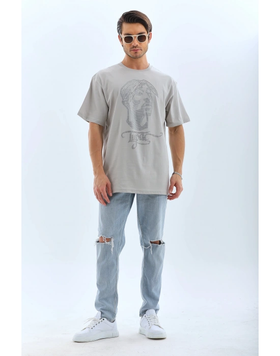 Unisex Oversize Taşlı Bisiklet Yaka T-Shirt - Gri