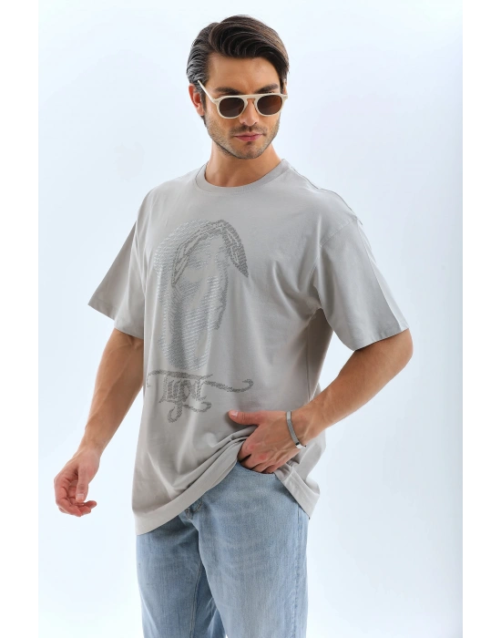 Unisex Oversize Taşlı Bisiklet Yaka T-Shirt - Gri