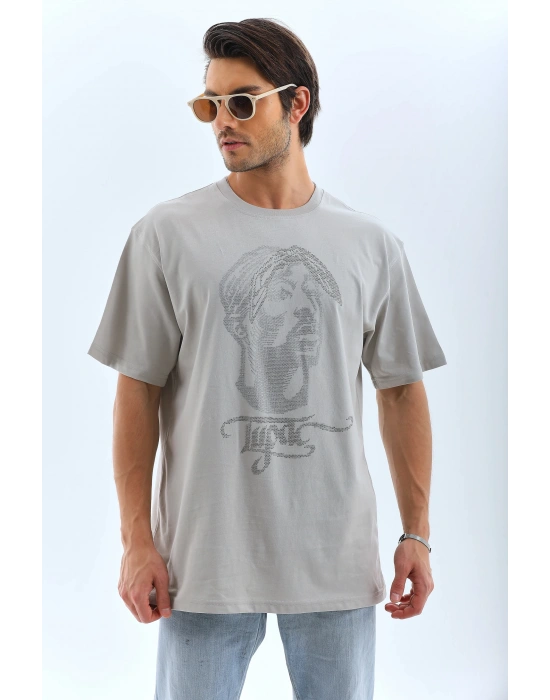 Unisex Oversize Taşlı Bisiklet Yaka T-Shirt - Gri