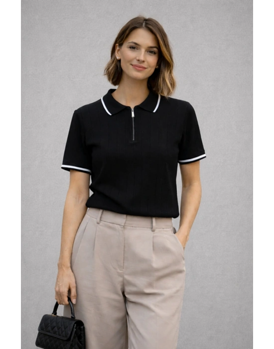 unisex premium kalite şık triko yazlık tişört kısa kollu yarım fermuar detaylı tarz ürün Siyah