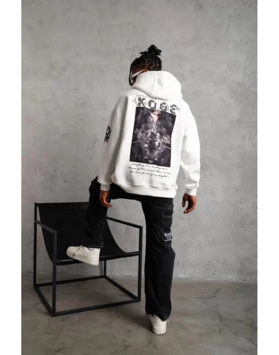 Unisex Sırt Baskılı Kapüşonlu Üç İplik Oversize Sweatshirt - Beyaz