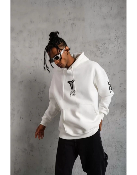 Unisex Sırt Baskılı Kapüşonlu Üç İplik Oversize Sweatshirt - Beyaz