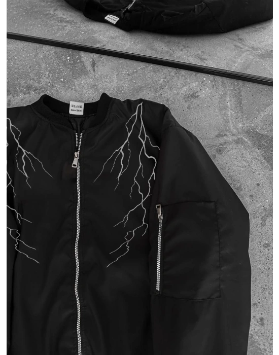 ERKEK Siyah Bomber Mont – Beyaz Şimşek Desenli, Fermuarlı Cepli, Kapitone Astarlı Sokak Stili Günlük Ceket - Siyah