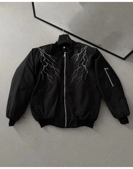 ERKEK Siyah Bomber Mont – Beyaz Şimşek Desenli, Fermuarlı Cepli, Kapitone Astarlı Sokak Stili Günlük Ceket - Siyah