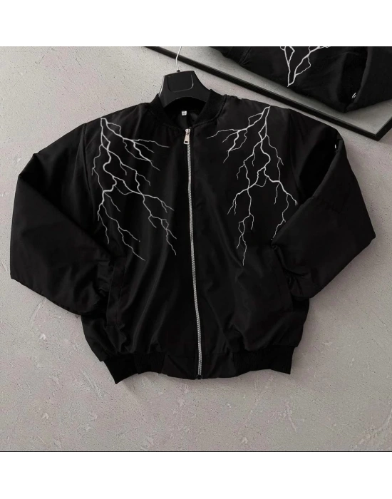 ERKEK Siyah Bomber Mont – Beyaz Şimşek Desenli, Fermuarlı Cepli, Kapitone Astarlı Sokak Stili Günlük Ceket - Siyah