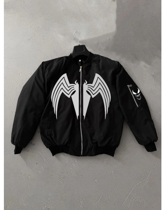 Unisex Siyah Bomber Mont – Venom Beyaz Örümcek Logolu, Fermuarlı Cepli, Kapitone Astarlı Günlük Mont - Siyah