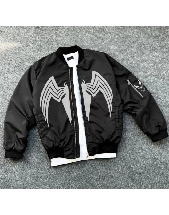 Unisex Siyah Bomber Mont – Venom Beyaz Örümcek Logolu, Fermuarlı Cepli, Kapitone Astarlı Günlük Mont - Siyah