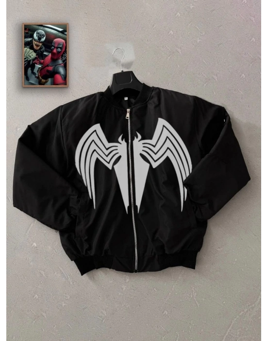 Unisex Siyah Bomber Mont – Venom Beyaz Örümcek Logolu, Fermuarlı Cepli, Kapitone Astarlı Günlük Mont - Siyah