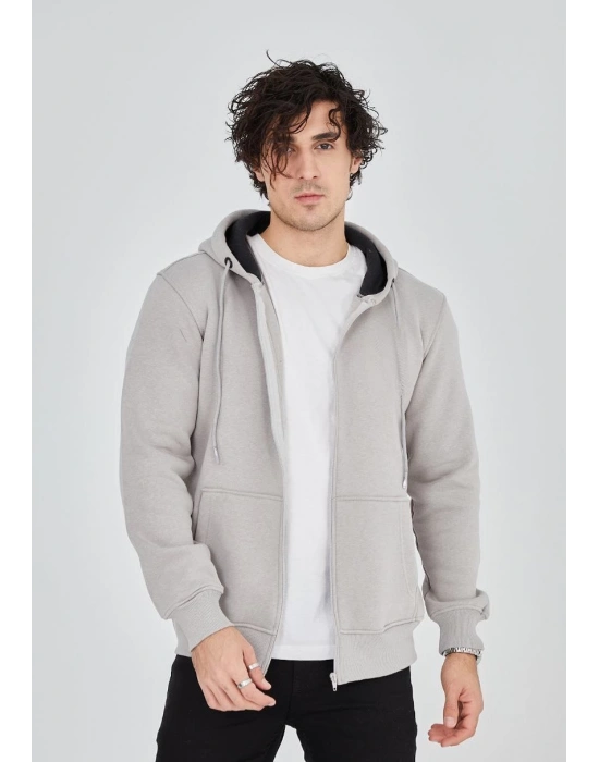 Unisex Tam Fermuarlı Kapşonlu  SweatShirt - Boyalı Gri