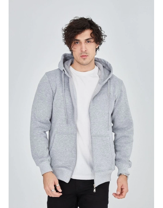 Unisex Tam Fermuarlı Kapşonlu  SweatShirt - Gri