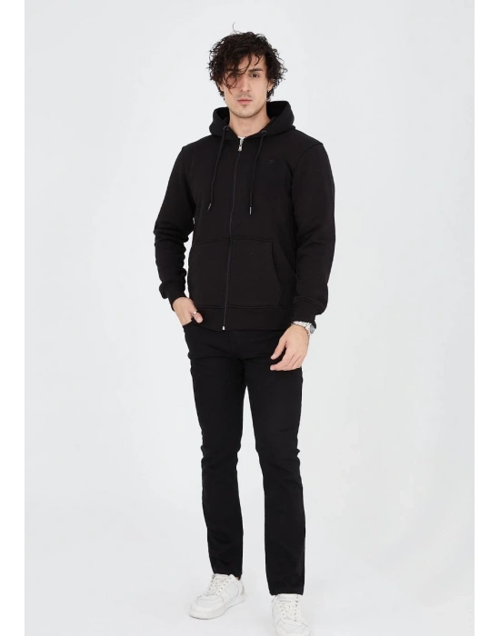 Unisex Tam Fermuarlı Kapşonlu  SweatShirt - Siyah