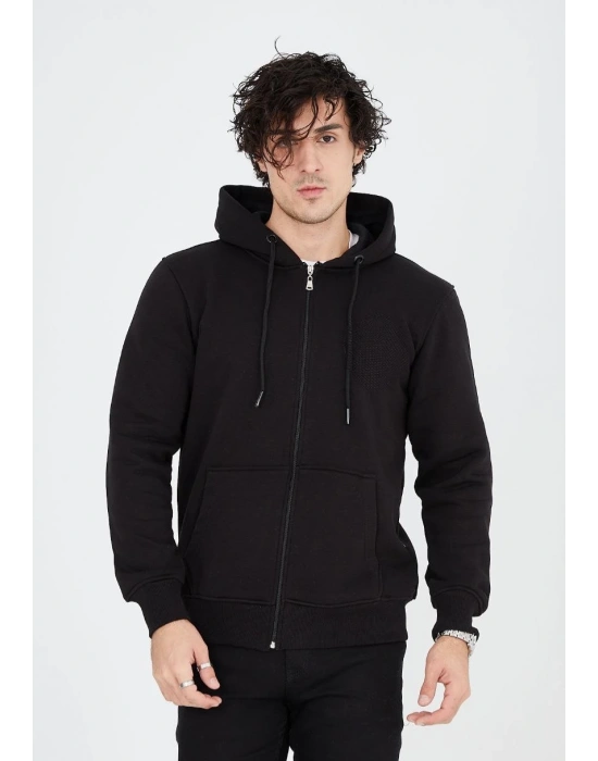Unisex Tam Fermuarlı Kapşonlu  SweatShirt - Siyah