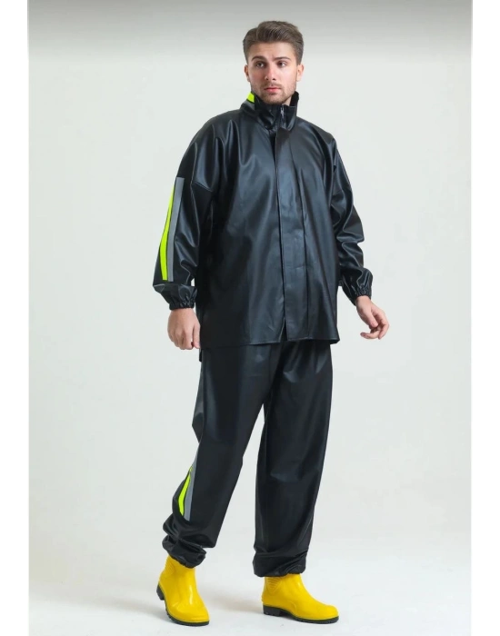 Unisex Tam Kalıp Motorcu Kurye Su Gecirmez Yağmurluk Takım - Siyah