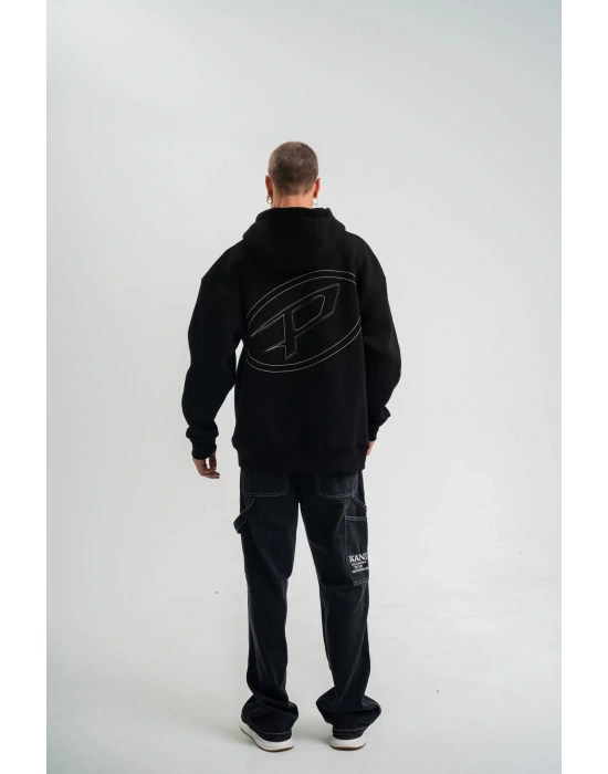 Unisex Üç İplik Kapşonlu Nakışlı SweatShirt - Siyah