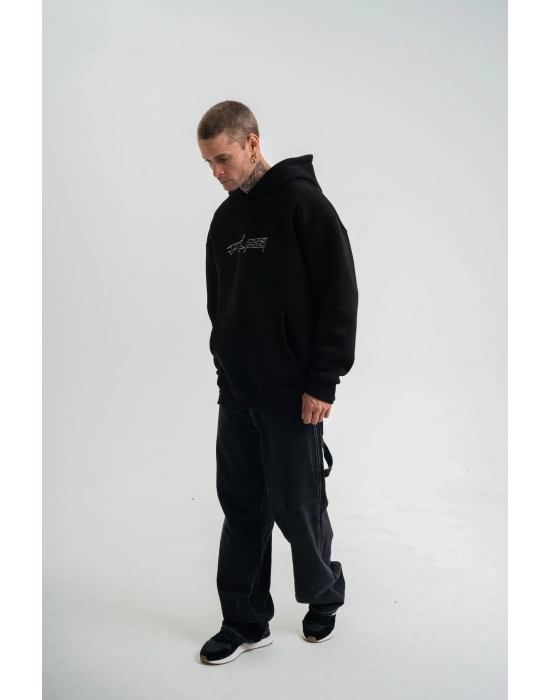 Unisex Üç İplik Kapşonlu Nakışlı SweatShirt - Siyah