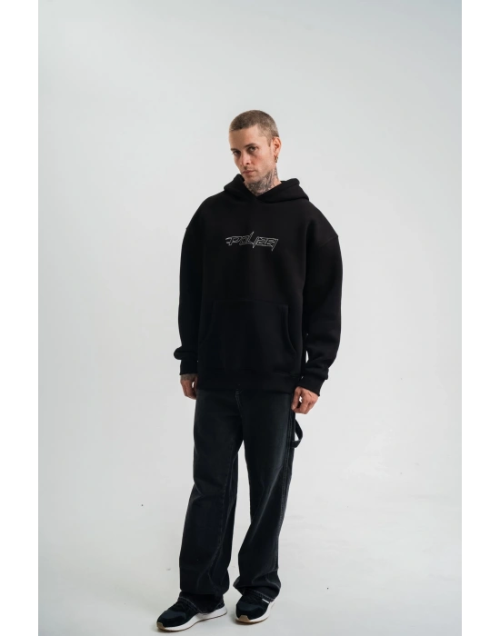 Unisex Üç İplik Kapşonlu Nakışlı SweatShirt - Siyah