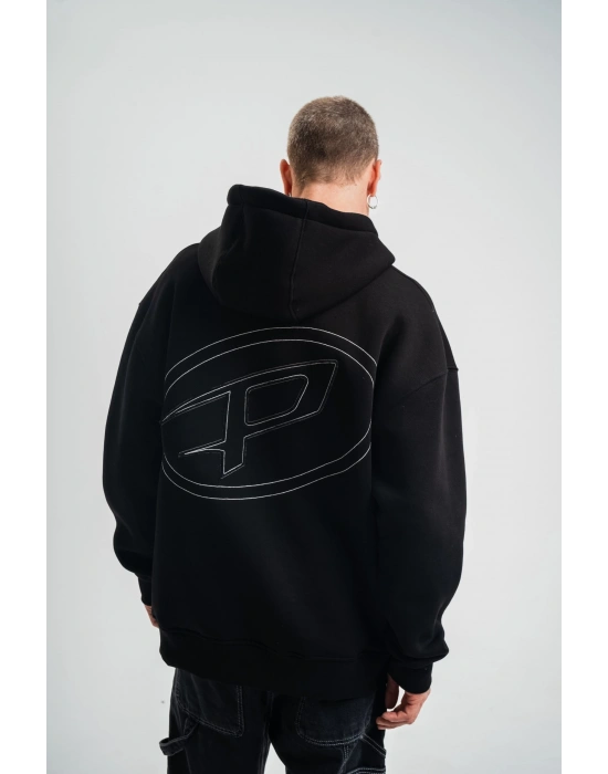 Unisex Üç İplik Kapşonlu Nakışlı SweatShirt - Siyah