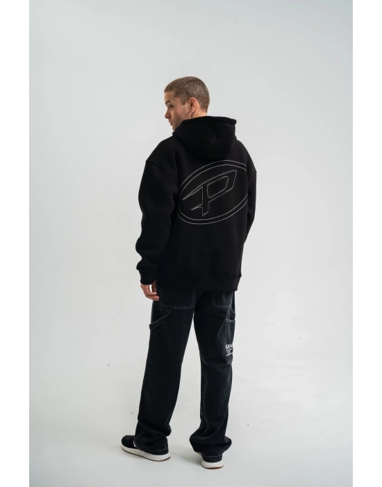 Unisex Üç İplik Kapşonlu Nakışlı SweatShirt - Siyah