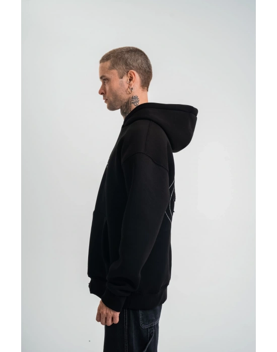 Unisex Üç İplik Kapşonlu Nakışlı SweatShirt - Siyah