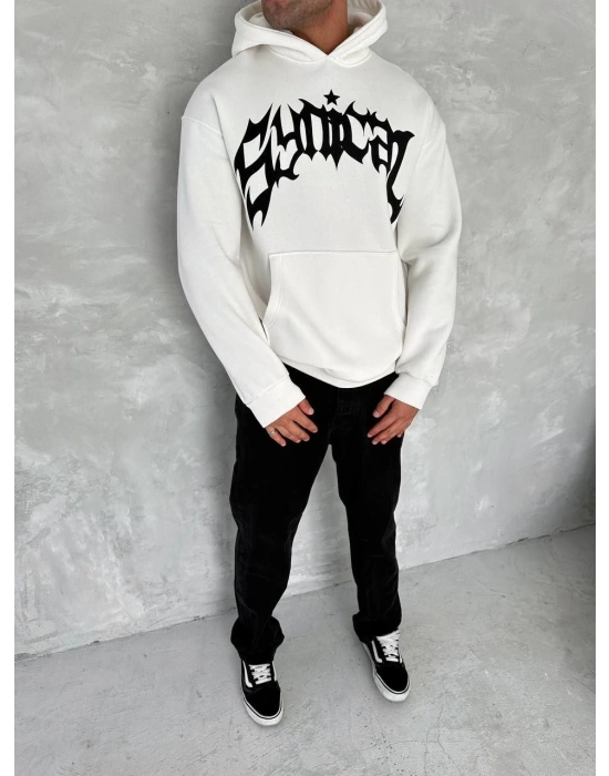Unisex Üç İplik Kapüşonlu Baskılı SweatShirt - Beyaz