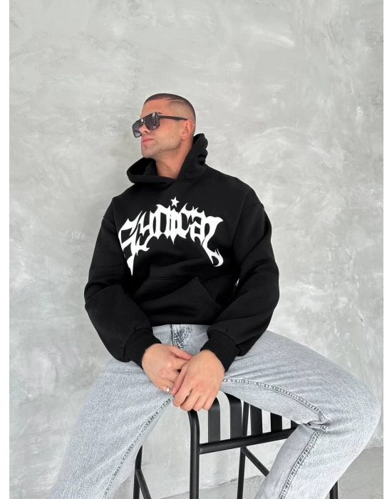 Unisex Üç İplik Kapüşonlu Baskılı SweatShirt - Siyah