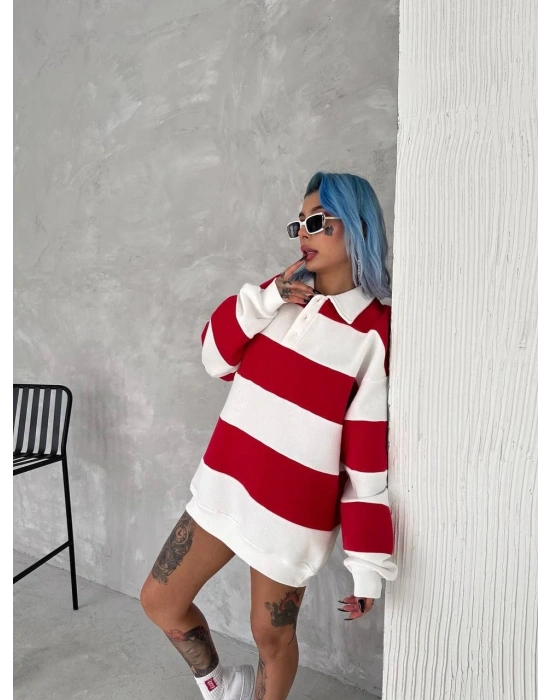 Unisex Üç İplik Parçalı Yakalı SweatShirt - Kırmızı