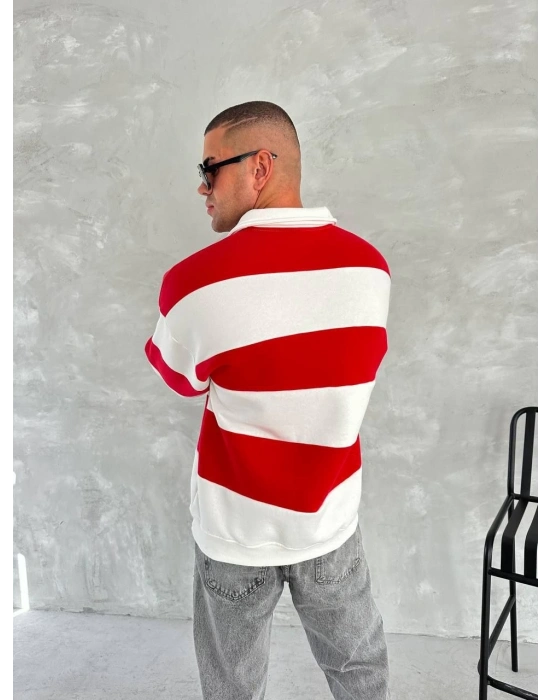 Unisex Üç İplik Parçalı Yakalı SweatShirt - Kırmızı