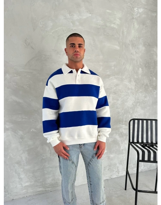 Unisex Üç İplik Parçalı Yakalı SweatShirt - Mavi