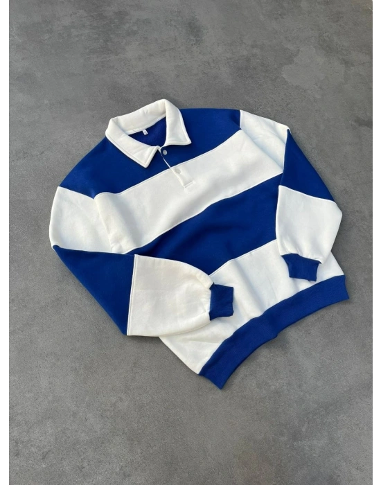 Unisex Üç İplik Parçalı Yakalı SweatShirt - Mavi