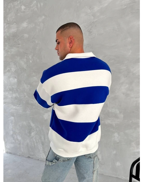 Unisex Üç İplik Parçalı Yakalı SweatShirt - Mavi