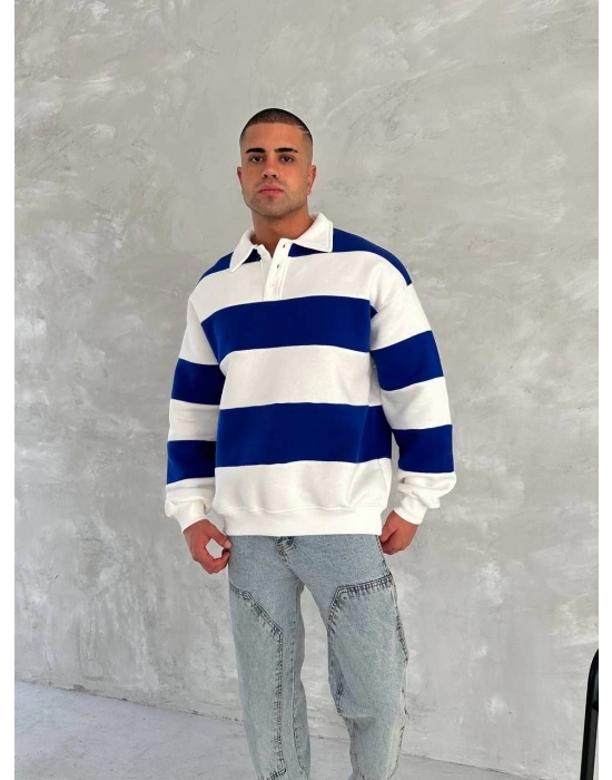 Unisex Üç İplik Parçalı Yakalı SweatShirt - Mavi